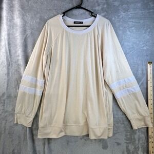 Automet Womens 2X Cream Varsity Stripe Long Sleeve Sweatshirt Varsity Loungewear